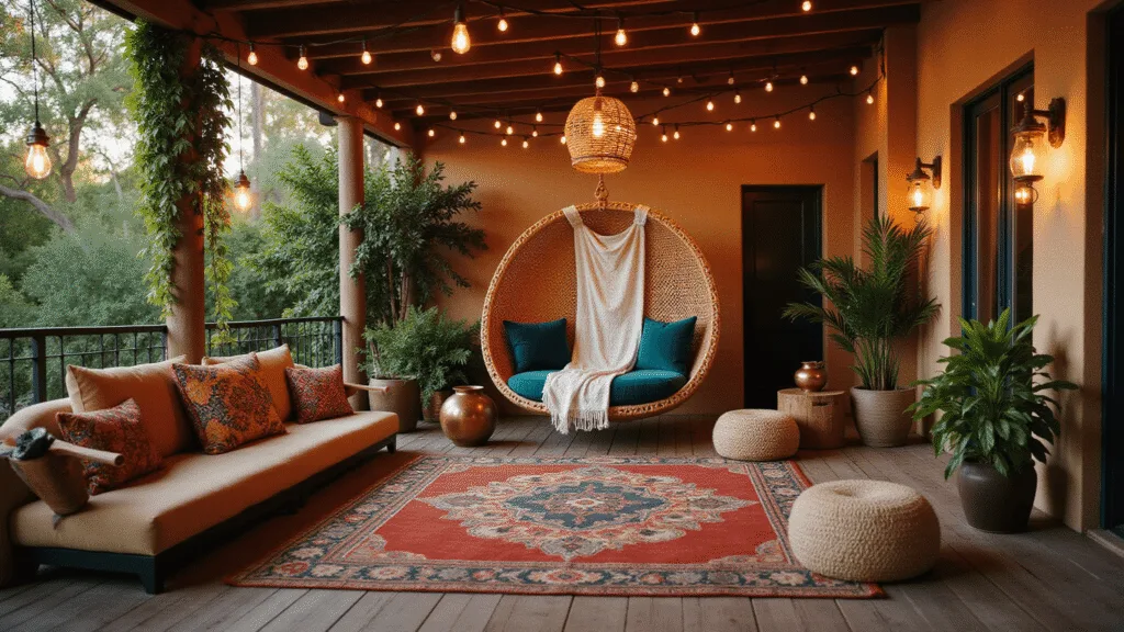 Cinematic wide-angle shot of a luxurious bohemian patio at golden hour, featuring a suspended rattan egg chair with macramé throw, layered vintage Kilim rugs, brass Moroccan lanterns, and abundant cascading plants, all enhanced by warm ambient lighting and shallow depth of field.