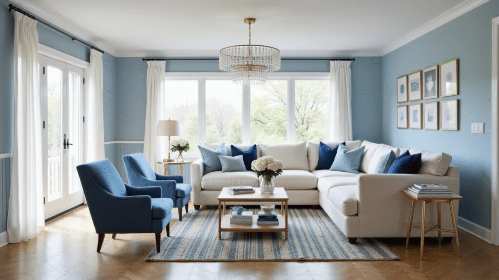 Light Blue Living Rooms: A Comprehensive Design Guide Photorealistic image of a light blue coastal elegance living room featuring a linen sofa with blue pillows, denim accent chairs, large windows with sheer curtains, and a stylish gallery wall.