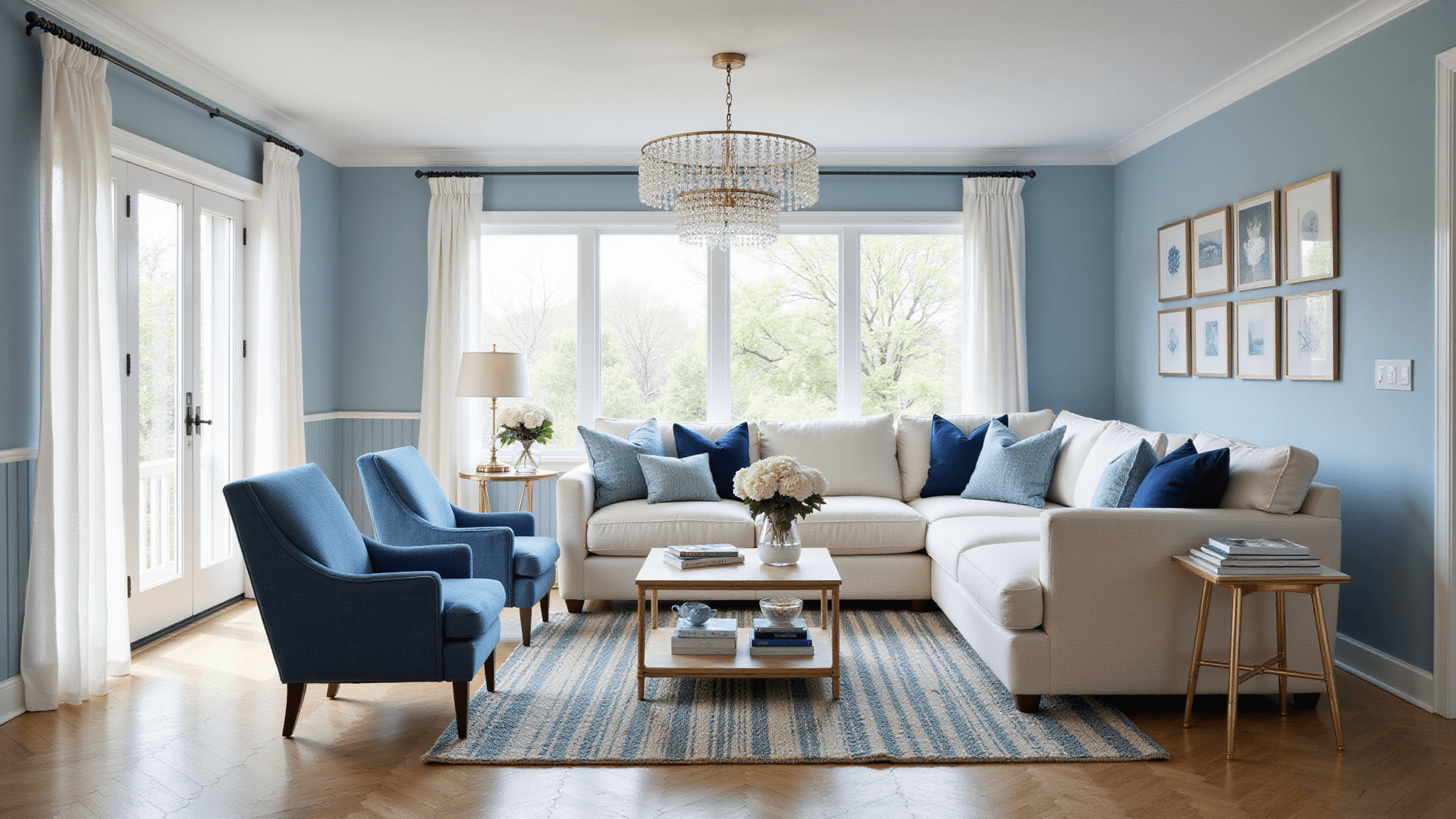 Photorealistic image of a light blue coastal elegance living room featuring a linen sofa with blue pillows, denim accent chairs, large windows with sheer curtains, and a stylish gallery wall.