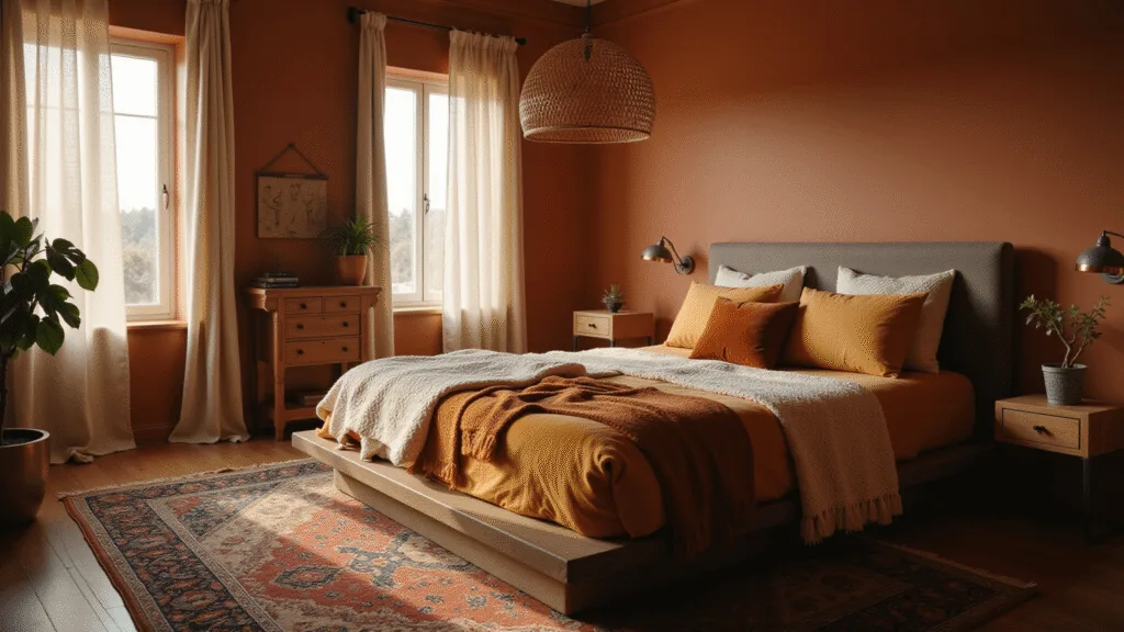 Cinematic view of a luxurious bedroom featuring a king-sized platform bed with layered ochre linen and ivory cable-knit bedding, surrounded by warm terracotta walls, sheer ivory curtains, and a vintage Persian rug, all illuminated by golden hour light.