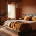 Cinematic view of a luxurious bedroom featuring a king-sized platform bed with layered ochre linen and ivory cable-knit bedding, surrounded by warm terracotta walls, sheer ivory curtains, and a vintage Persian rug, all illuminated by golden hour light.