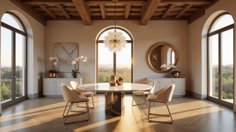 Designing Your Dream Italian Dining Room: A Guide to Timeless Elegance Photorealistic Italian dining room with a round Calacatta marble table, cream leather chairs, and a Murano glass chandelier, framed by arched windows overlooking the Tuscan countryside, featuring herringbone oak flooring and a coffered ceiling.