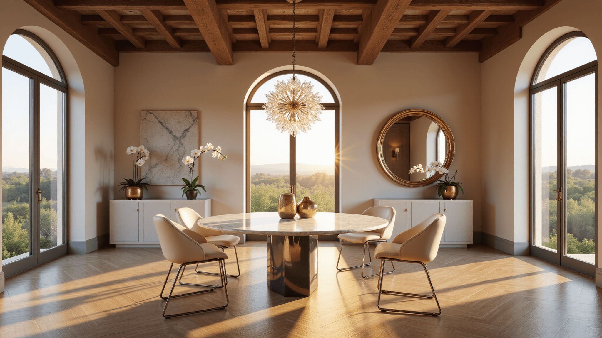 Photorealistic Italian dining room with a round Calacatta marble table, cream leather chairs, and a Murano glass chandelier, framed by arched windows overlooking the Tuscan countryside, featuring herringbone oak flooring and a coffered ceiling.