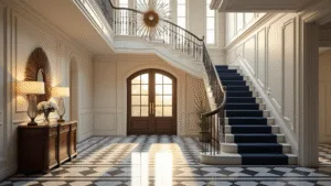 Stunning Foyer Ideas: Creating an Inviting Entryway That Wows Photorealistic interior of a grand foyer with a curved staircase and black and white marble flooring, illuminated by golden hour light through Palladian windows, featuring elegant decor and detailed millwork.
