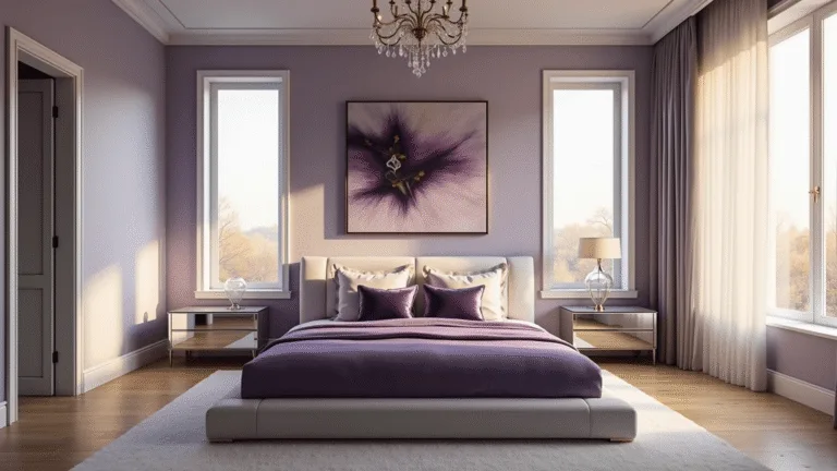 Purple Bedroom Refresh: Your Ultimate Style Guide A luxurious modern bedroom featuring a king-size bed with purple velvet bedding, lavender walls, floor-to-ceiling windows, and dramatic sunset lighting, complemented by geometric pillows, chrome nightstands, and a crystal chandelier.