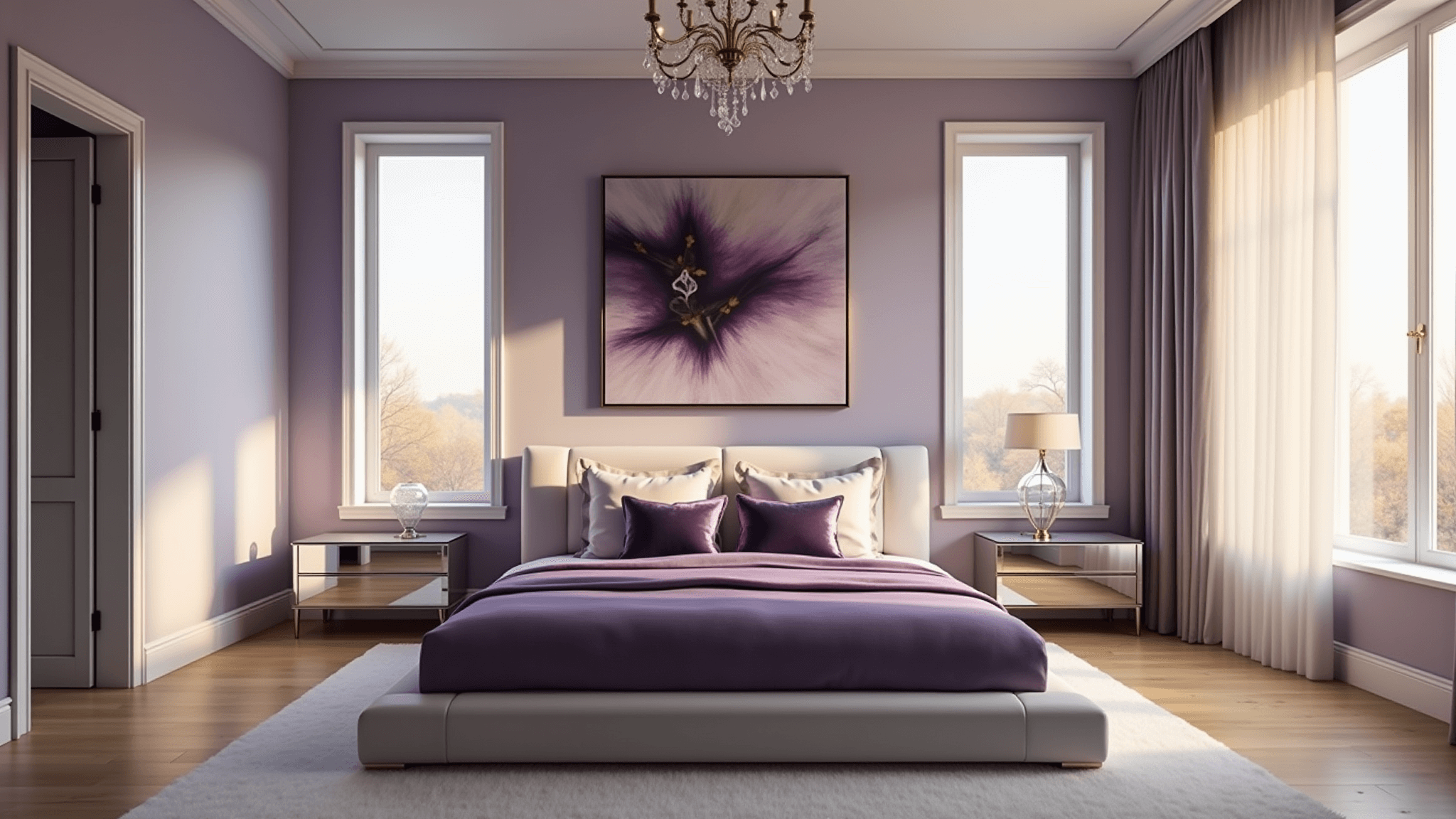 A luxurious modern bedroom featuring a king-size bed with purple velvet bedding, lavender walls, floor-to-ceiling windows, and dramatic sunset lighting, complemented by geometric pillows, chrome nightstands, and a crystal chandelier.