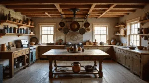 Creating the Perfect Primitive Kitchen: A Comprehensive Style Guide Photorealistic interior of a rustic farmhouse kitchen at golden hour, featuring a dark walnut harvest table with pottery and mason jars, open shelving with antique items, and warm natural lighting highlighting aged textures and a rich color palette.