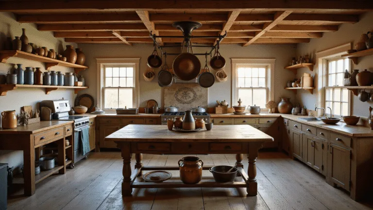 Creating the Perfect Primitive Kitchen: A Comprehensive Style Guide Photorealistic interior of a rustic farmhouse kitchen at golden hour, featuring a dark walnut harvest table with pottery and mason jars, open shelving with antique items, and warm natural lighting highlighting aged textures and a rich color palette.