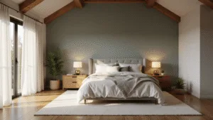Creating Your Perfect Sanctuary Bedroom: A Comprehensive Guide to Restful Retreat Design A tranquil bedroom interior at golden hour, featuring a king-sized bed with layered linens, natural light streaming through sheer curtains, minimalist oak nightstands, and a vaulted ceiling with exposed beams, all set against muted sage green walls.