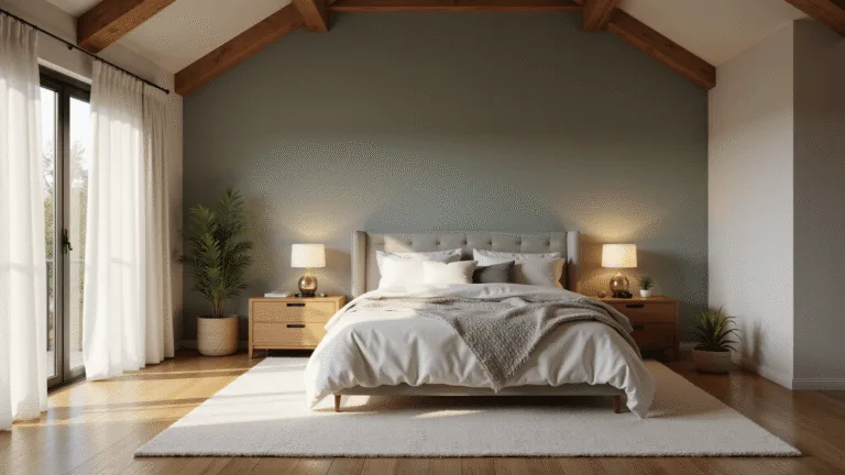 Creating Your Perfect Sanctuary Bedroom: A Comprehensive Guide to Restful Retreat Design A tranquil bedroom interior at golden hour, featuring a king-sized bed with layered linens, natural light streaming through sheer curtains, minimalist oak nightstands, and a vaulted ceiling with exposed beams, all set against muted sage green walls.
