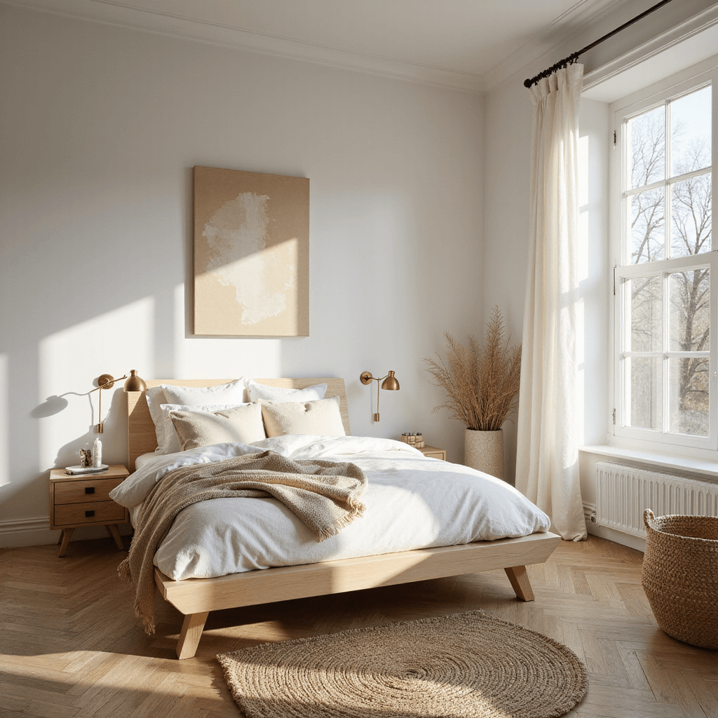 Bedroom Ideas: Designing Your Personal Sleep Sanctuary A cozy Scandinavian bedroom with a low-profile platform bed and cloud-white linen bedding, featuring large west-facing windows draped with sheer white curtains, light oak herringbone floors, and minimal brass sconces, all illuminated by golden hour sunlight.