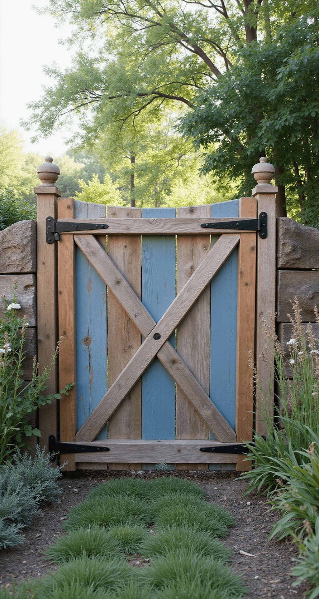 Inspiring Garden Gate Ideas: Transform Your Outdoor Entrance Budget-friendly DIY gate made from reclaimed barn wood, standing 6 feet tall with diagonal bracing, featuring vintage blue paint and weathered patina, surrounded by wildflowers and native grasses, captured in morning light highlighting the wood grain and rustic hardware.