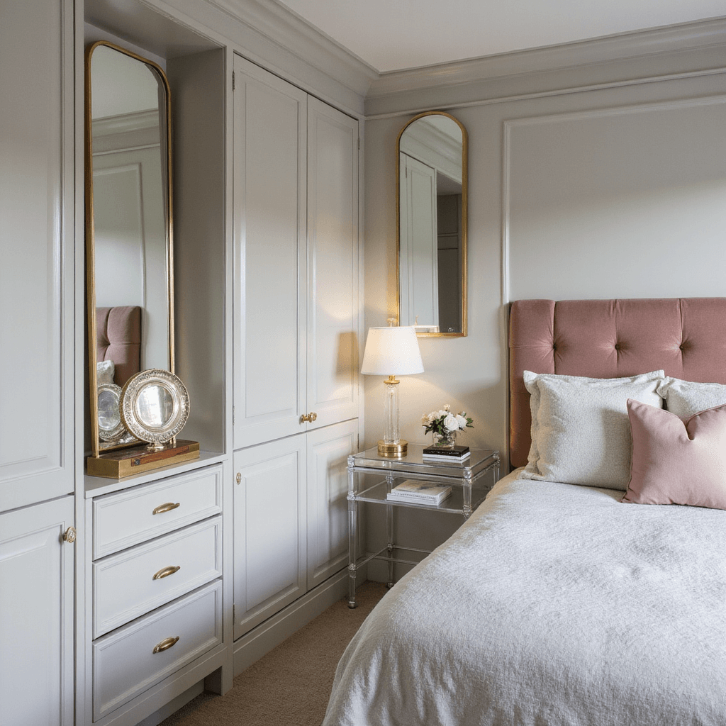 Bedroom Ideas: Designing Your Personal Sleep Sanctuary A cozy luxe bedroom featuring a wall-mounted blush velvet headboard, pearl gray walls, and floating Lucite nightstands with modern brass lamps, illuminated by soft late afternoon light and strategically placed mirrors that enhance the illusion of space.