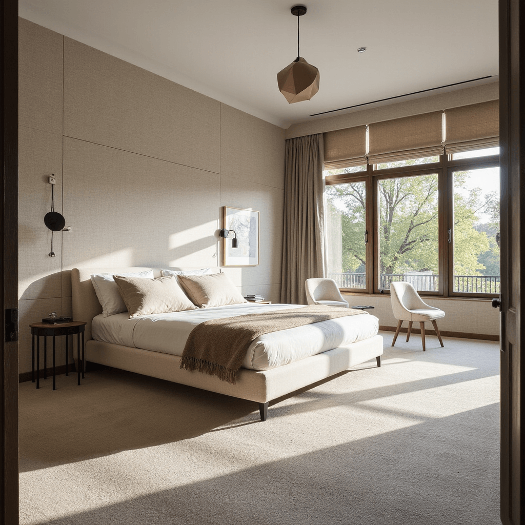 Bedroom Ideas: Designing Your Personal Sleep Sanctuary A spacious contemporary bedroom with floor-to-ceiling windows, featuring textured grasscloth wallpaper, an oversized oatmeal linen platform bed, minimal black metal side tables, and a sculptural pendant light, all illuminated by natural midday light. The room showcases layered textures through bouclé chairs, wool carpeting, and woven window treatments.