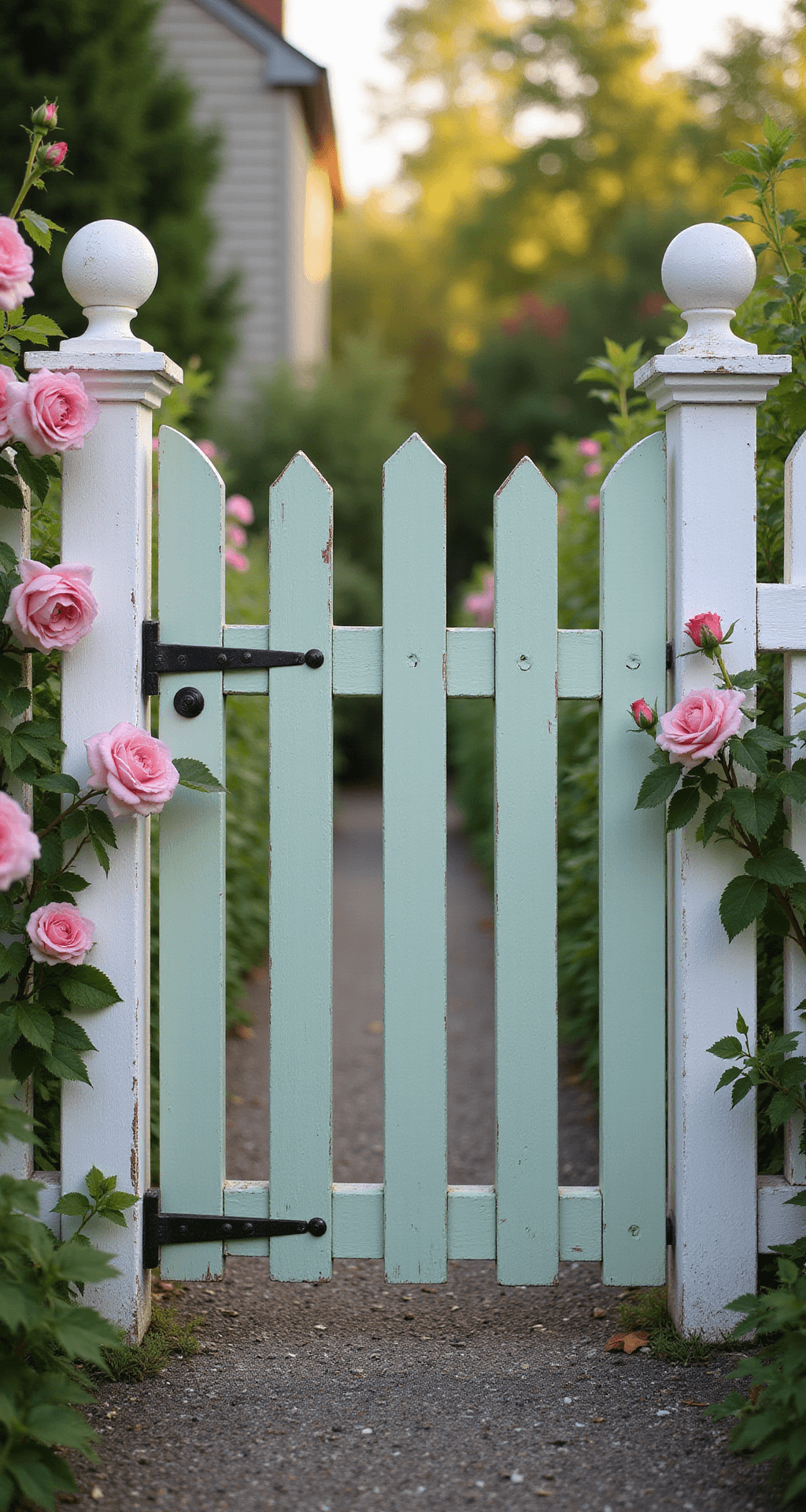 Inspiring Garden Gate Ideas: Transform Your Outdoor Entrance Cottage-style wooden picket gate, painted soft sage green with white trim, flanked by pink climbing roses and white picket fence under gentle morning sunlight, leading to a cottage garden with a gravel path, featuring a shallow depth of field that highlights the gate's details amidst softly blurred flowers.