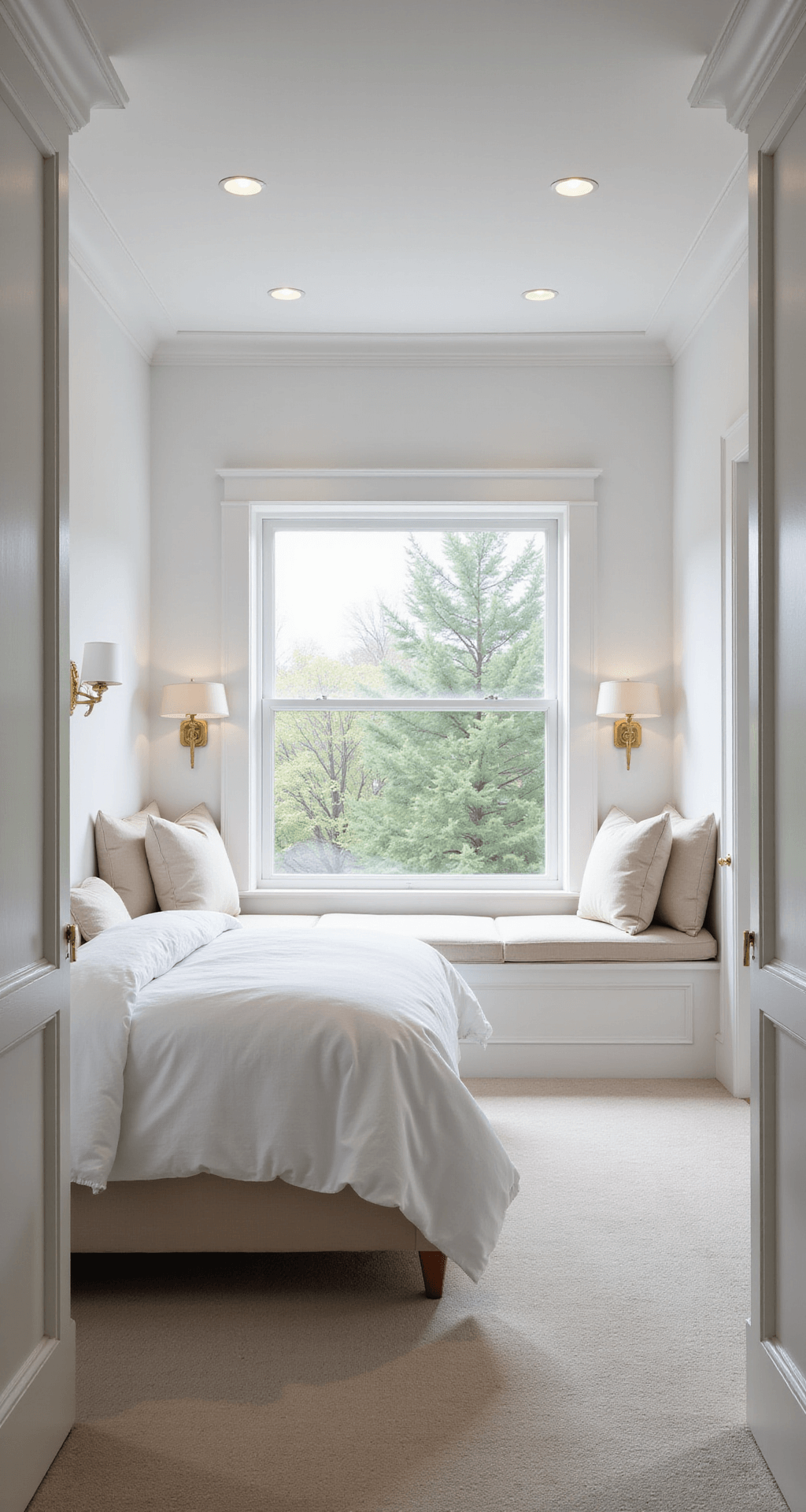 Basement Bedroom Ideas: Transforming Underground Spaces into Stunning Retreats A bright basement bedroom with white walls and warm recessed lighting, featuring a custom window seat with ivory linen cushions, a queen bed in cloud-white bedding, and morning light streaming through a high rectangular window. The space includes plush wool carpet, velvet pillows, and glossy white trim, creating an airy and serene ambiance.