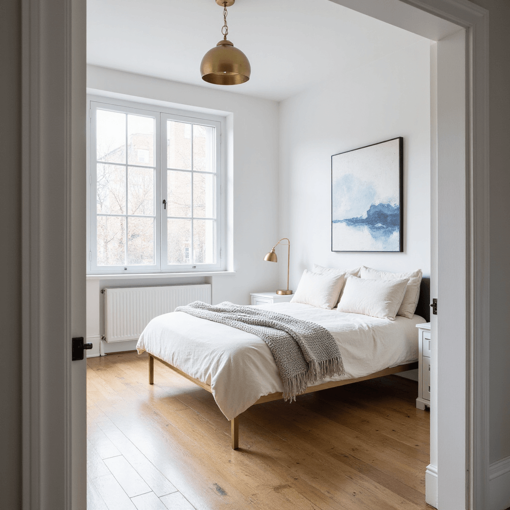 Small Bedroom Design Ideas: Maximizing Space and Style A minimalist bedroom featuring a queen platform bed with a brass frame, bathed in morning light from floor-to-ceiling windows. The walls are painted in 'White Dove', and light oak floors complement the built-in white storage flanking the window. A brushed gold pendant light hangs at an angle, while textured layers of cream bedding, a pale gray throw, and a large abstract artwork create a serene atmosphere. The camera captures the scene from the door frame, reflecting the natural light.