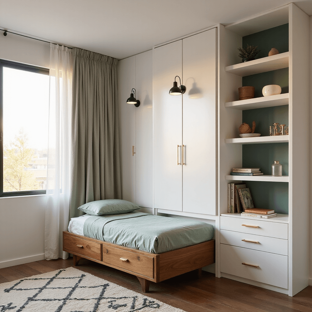 Small Bedroom Design Ideas: Maximizing Space and Style Compact 9'x11' bedroom at golden hour showcasing vertical storage with a floor-to-ceiling white shelving unit, a mid-century modern twin bed in walnut with drawers, black swing-arm sconces, sheer billowing curtains, and a geometric cream and charcoal area rug, all captured from an elevated corner angle.