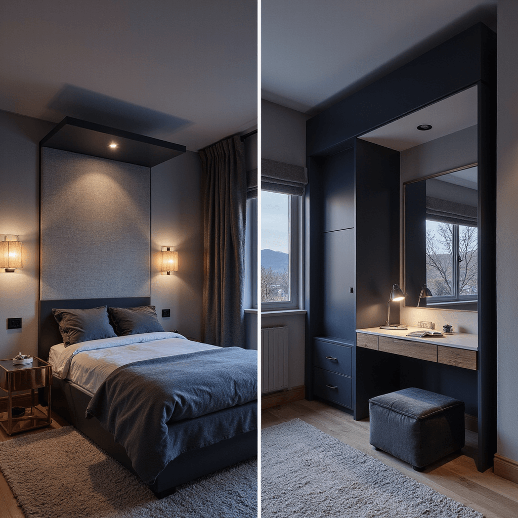 Small Bedroom Design Ideas: Maximizing Space and Style Cozy bedroom at dusk featuring multifunctional furniture: a down Murphy bed in matte navy, revealing a home office setup, with copper and glass nesting side tables, a floating desk/vanity with illuminated mirror, and charcoal velvet storage ottoman, all in Farrow & Ball 'Skimming Stone' walls.