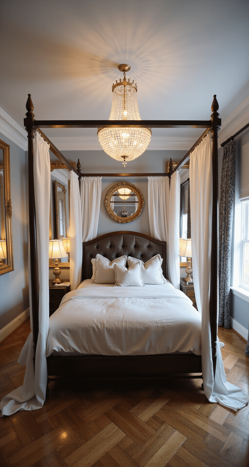 Basement Bedroom Ideas: Transforming Underground Spaces into Stunning Retreats Luxurious basement retreat featuring a dramatic four-poster bed, sheer white drapes, crystal chandelier, gilt-framed mirrors, plush velvet headboard, silk bedding, and herringbone hardwood floors, illuminated by warm afternoon light.