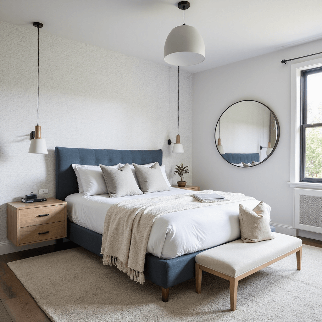 Small Bedroom Design Ideas: Maximizing Space and Style Corner bedroom with a diagonal furniture layout featuring a queen bed at a 45-degree angle, slate blue linen headboard, floating bleached oak nightstands, an oversized mirror reflecting window light, textured white wallpaper, a matte white ceramic pendant light, and a cream bouclé storage bench under the window, all illuminated by soft afternoon light.