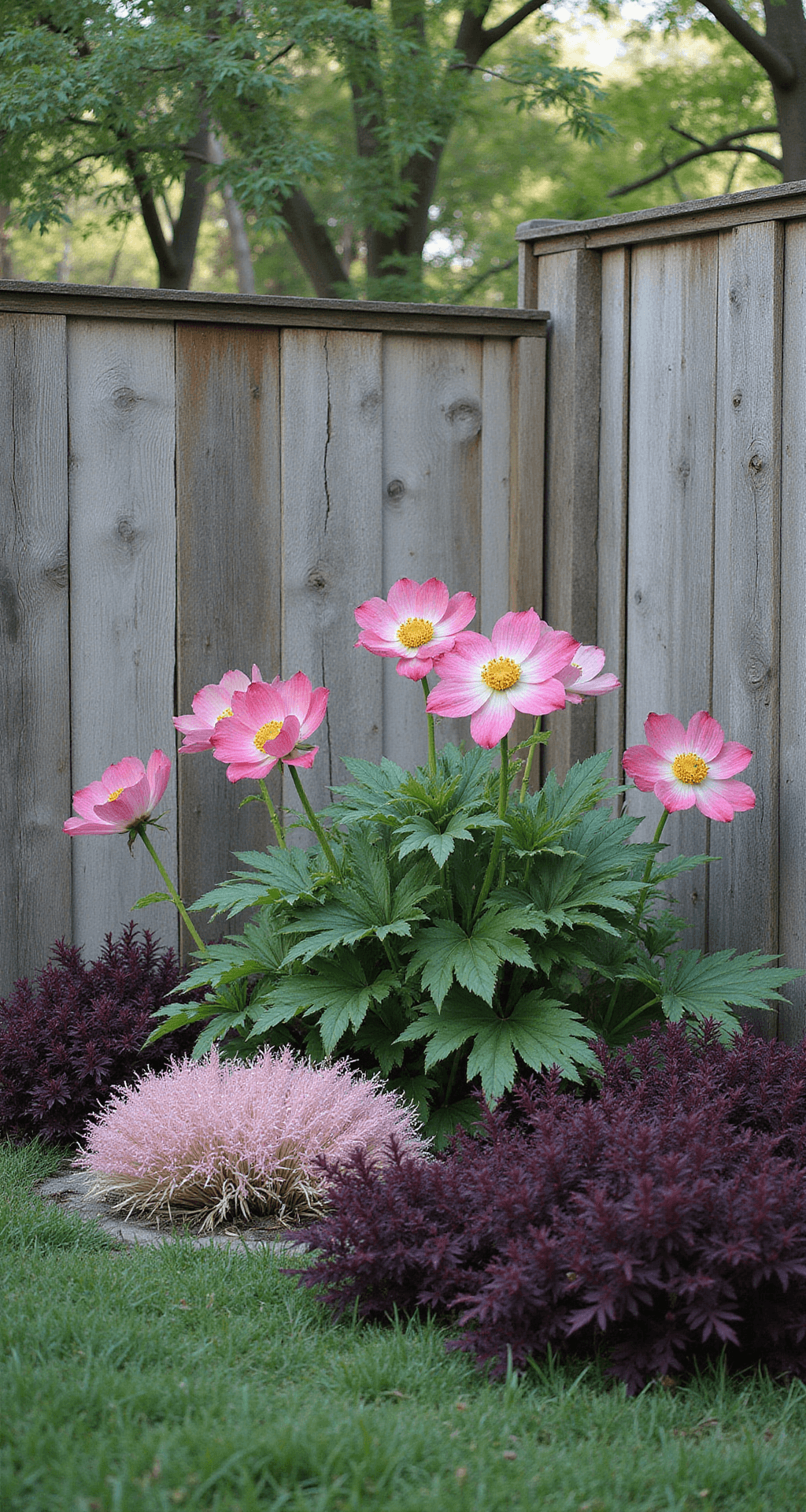 Shade-Loving Bulbs: Transform Your Dark Garden Spaces Late afternoon portrait of a tranquil Japanese shade garden corner featuring blooming Japanese Anemones and Astilbe 'Cotton Candy' amid a weathered wooden fence, with dark purple Plum Bouquet varieties in the background, all bathed in softened light filtered through natural bamboo screening.