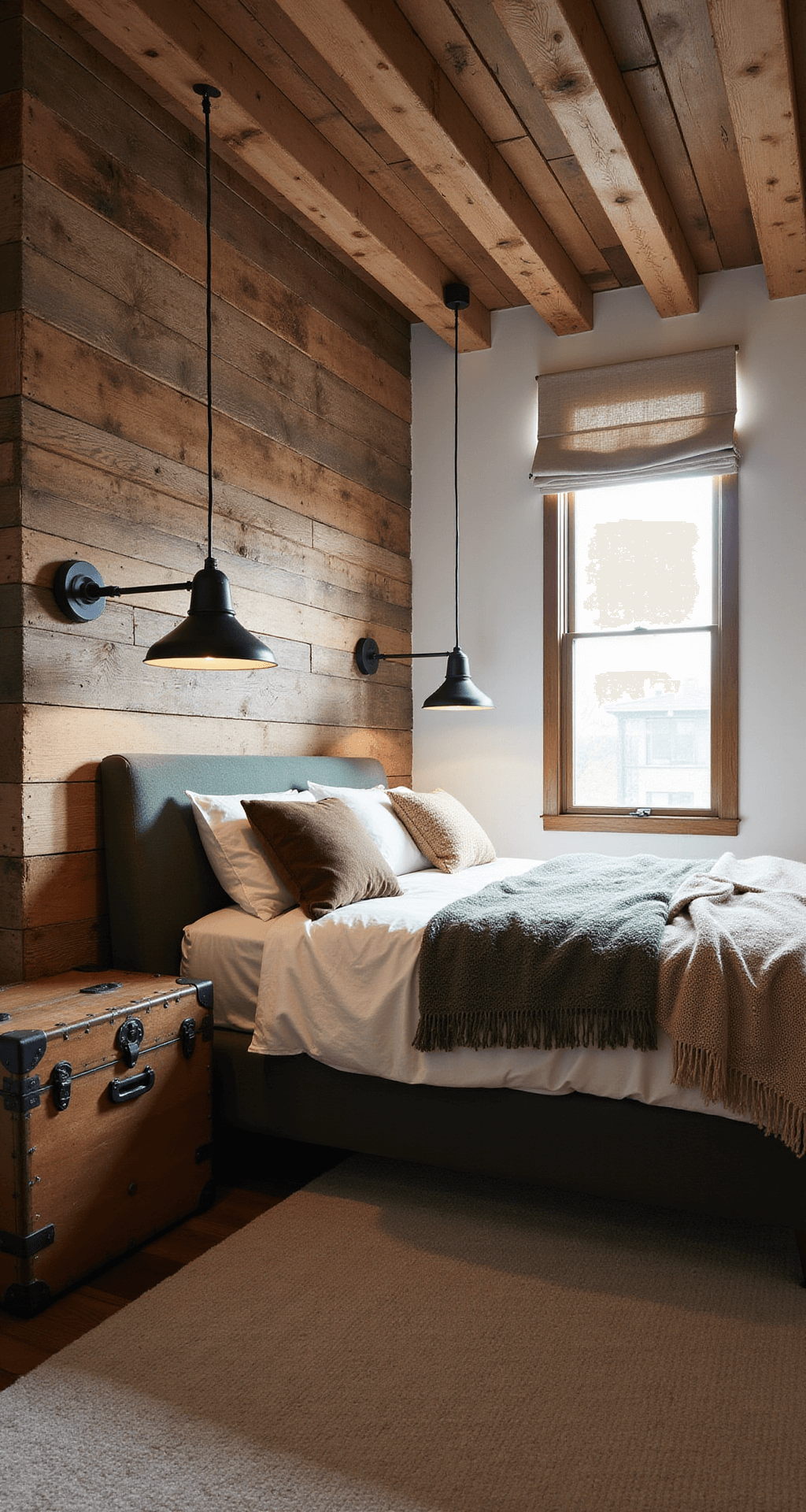 Basement Bedroom Ideas: Transforming Underground Spaces into Stunning Retreats Cozy rustic basement bedroom featuring a reclaimed wood accent wall, platform bed, iron pendant lights, and vintage trunk as bedside table, illuminated by morning light through linen roman shades.