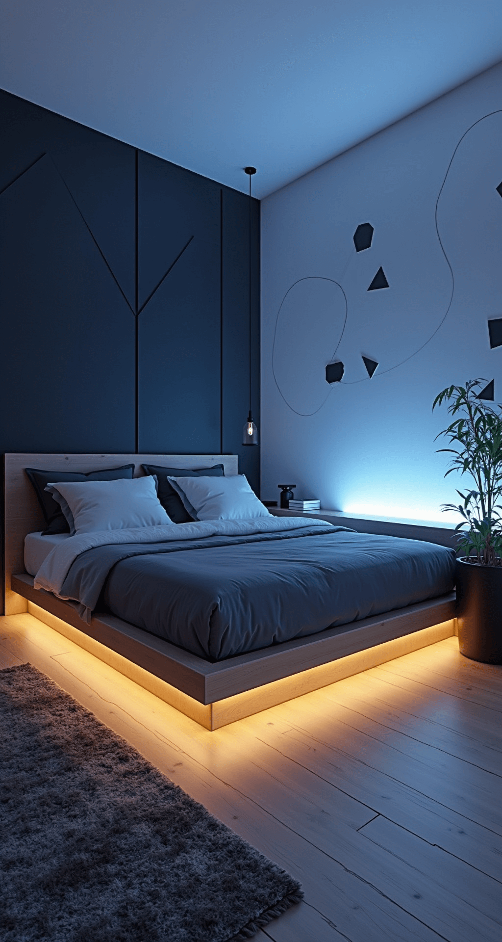 Basement Bedroom Ideas: Transforming Underground Spaces into Stunning Retreats A modern minimalist teen sanctuary featuring a floating light oak platform bed with LED underlighting, white walls adorned with matte black geometric decals, and a corner gaming setup illuminated with ambient RGB lighting, all presented in an evening scene with dramatic lighting and a monochromatic palette accented by electric blue.