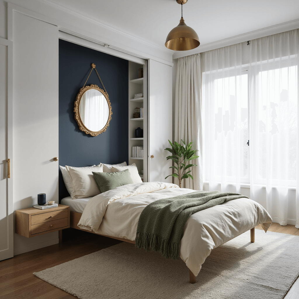 Smart Bedroom Ideas for Small Rooms: Transform Your Tiny Space into a Stylish Sanctuary A compact 10'x12' bedroom filled with morning light, featuring a closed modern Murphy bed in matte white with built-in shelving, light oak floating nightstands, a navy accent wall, and a geometric gold mirror reflecting natural light. The decor is minimal Scandinavian with layered cream and sage green bedding, and a slim brass pendant light overhead.