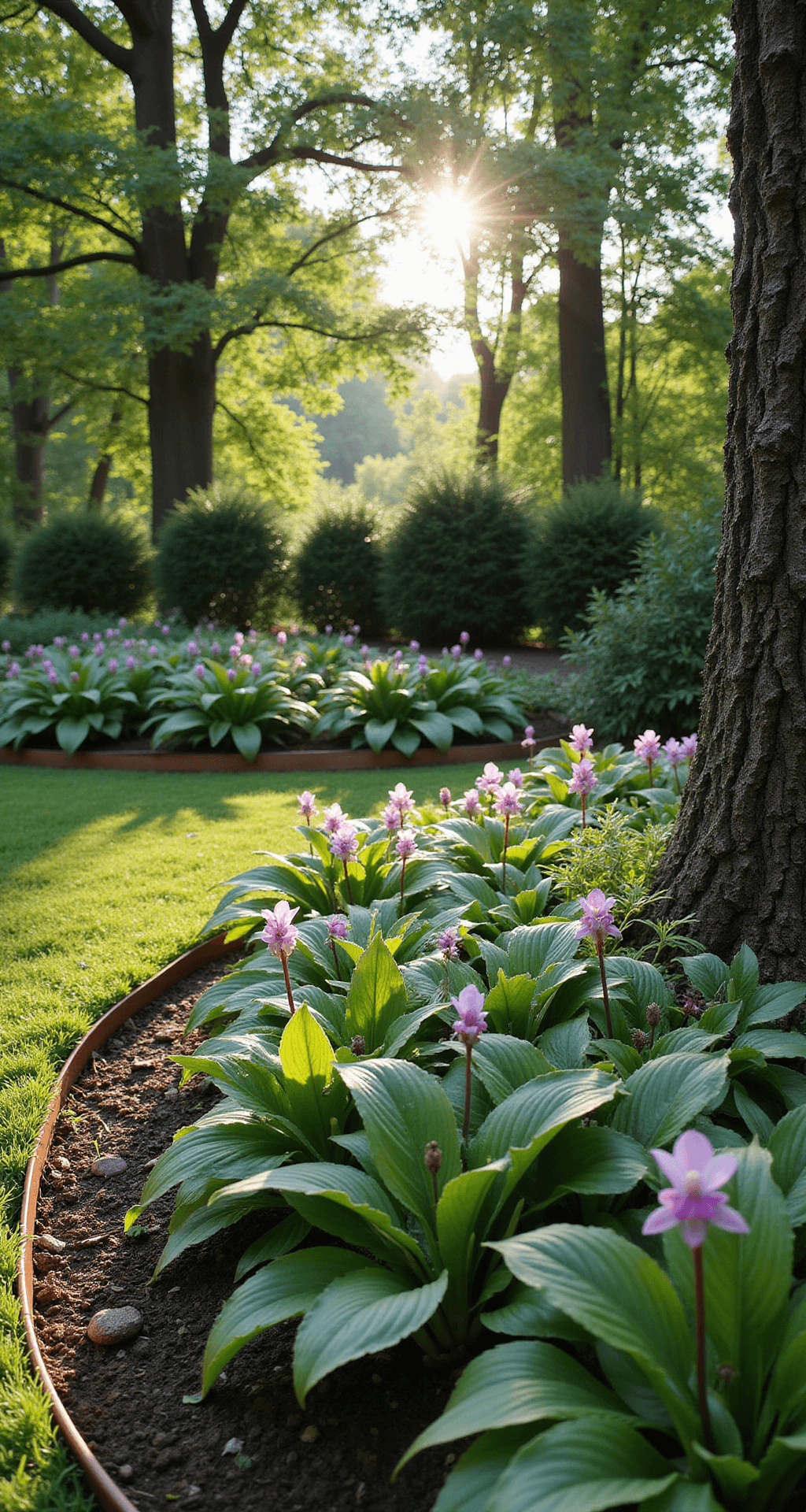 Shade-Loving Bulbs: Transform Your Dark Garden Spaces A wide shot of a curved garden bed beneath mature trees, featuring Chinese Summer Ground Orchids and Hostas 'Guacamole', framed by copper edging. Morning light highlights the vibrant green hues and textures, with orchid-pink accents scattered throughout.