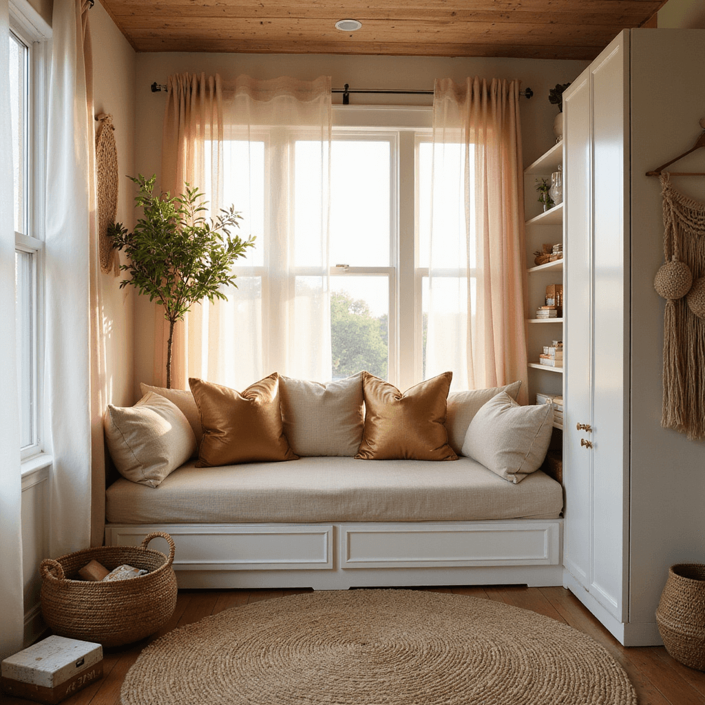 Smart Bedroom Ideas for Small Rooms: Transform Your Tiny Space into a Stylish Sanctuary A cozy 8'x10' bedroom bathed in golden hour light, featuring a daybed in oatmeal linen, brass-accented throw pillows, and vertical white lacquer storage. The room showcases sheer curtains allowing natural light, a jute rug, woven baskets, and a macramé wall hanging, with warm neutral tones and subtle blush accents.