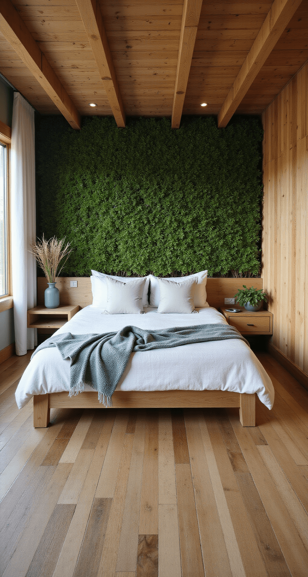 Basement Bedroom Ideas: Transforming Underground Spaces into Stunning Retreats Wide shot of an eco-friendly basement bedroom featuring bamboo flooring, a living wall, a low-profile bed frame from reclaimed materials, and daylight-mimicking LEDs in a coffered ceiling, with natural fiber textiles and a nature-inspired color palette of sage, sand, and sky blue, complemented by handcrafted sustainable wood furniture.