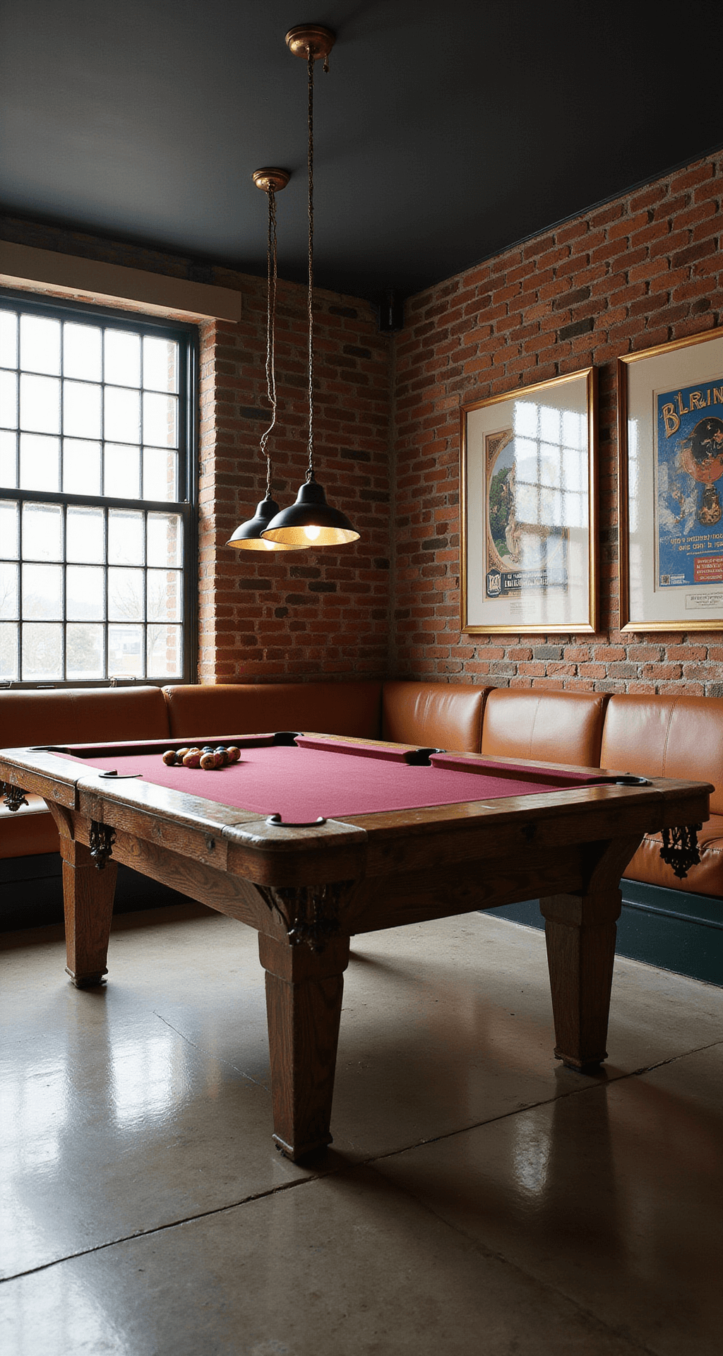 Transform Your Basement into a Cozy Family Sanctuary: Design Secrets Revealed Wide-angle view of a stylish basement game zone featuring a rustic pool table, cognac leather seating, exposed brick walls, and mid-century modern furniture, all illuminated by morning light and industrial pendant lights.