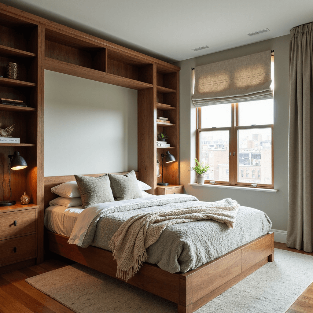 Smart Bedroom Ideas for Small Rooms: Transform Your Tiny Space into a Stylish Sanctuary Cozy 9'x10' bedroom in soft afternoon light featuring a custom walnut bed frame with wraparound storage, vertical shelving units, a large window with light-filtering Roman shades, and various textures including chunky knit throws and silk pillows, all in a warm wood and soft sage color palette with modern matte black task lighting.