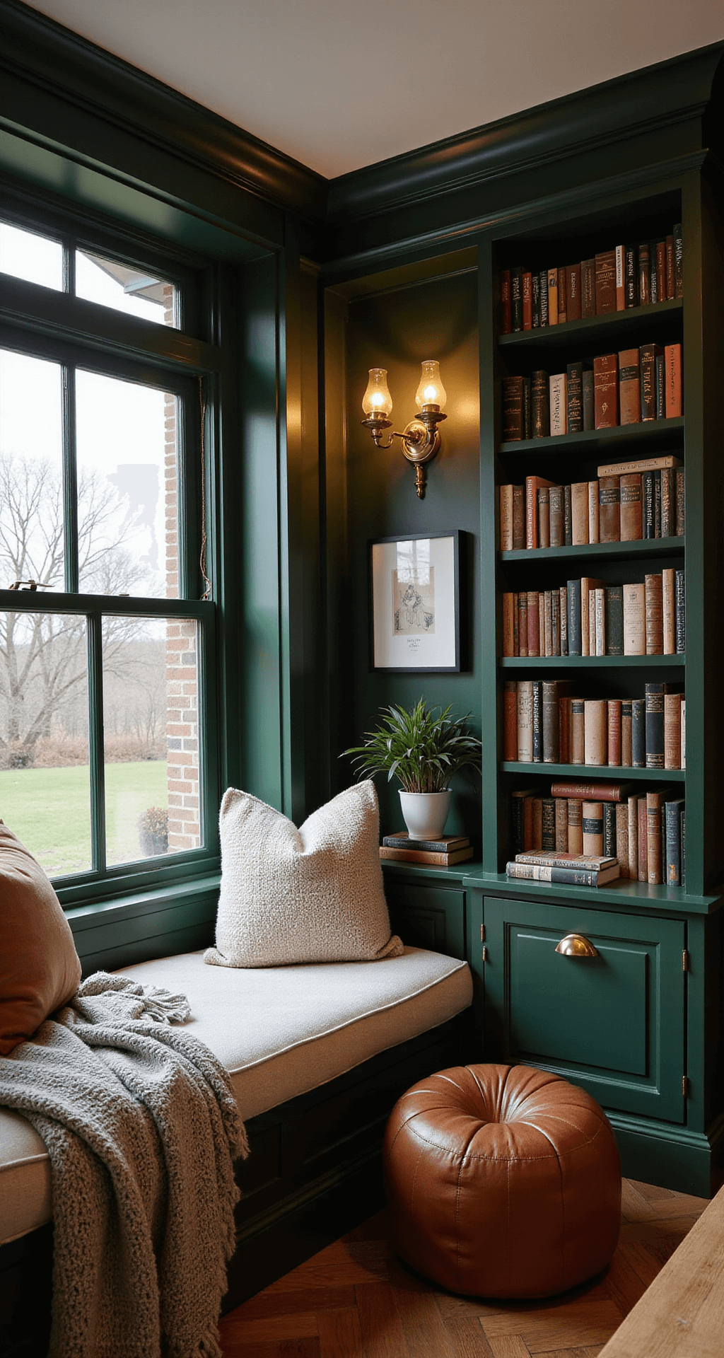 Transform Your Basement into a Cozy Family Sanctuary: Design Secrets Revealed Intimate portrait of a cozy basement reading nook with floor-to-ceiling deep forest green bookshelves, a cushioned ivory bouclé window seat, and warm golden light from sconces and brass library lights, featuring chunky knit throws and vintage leather poufs on herringbone wood flooring.