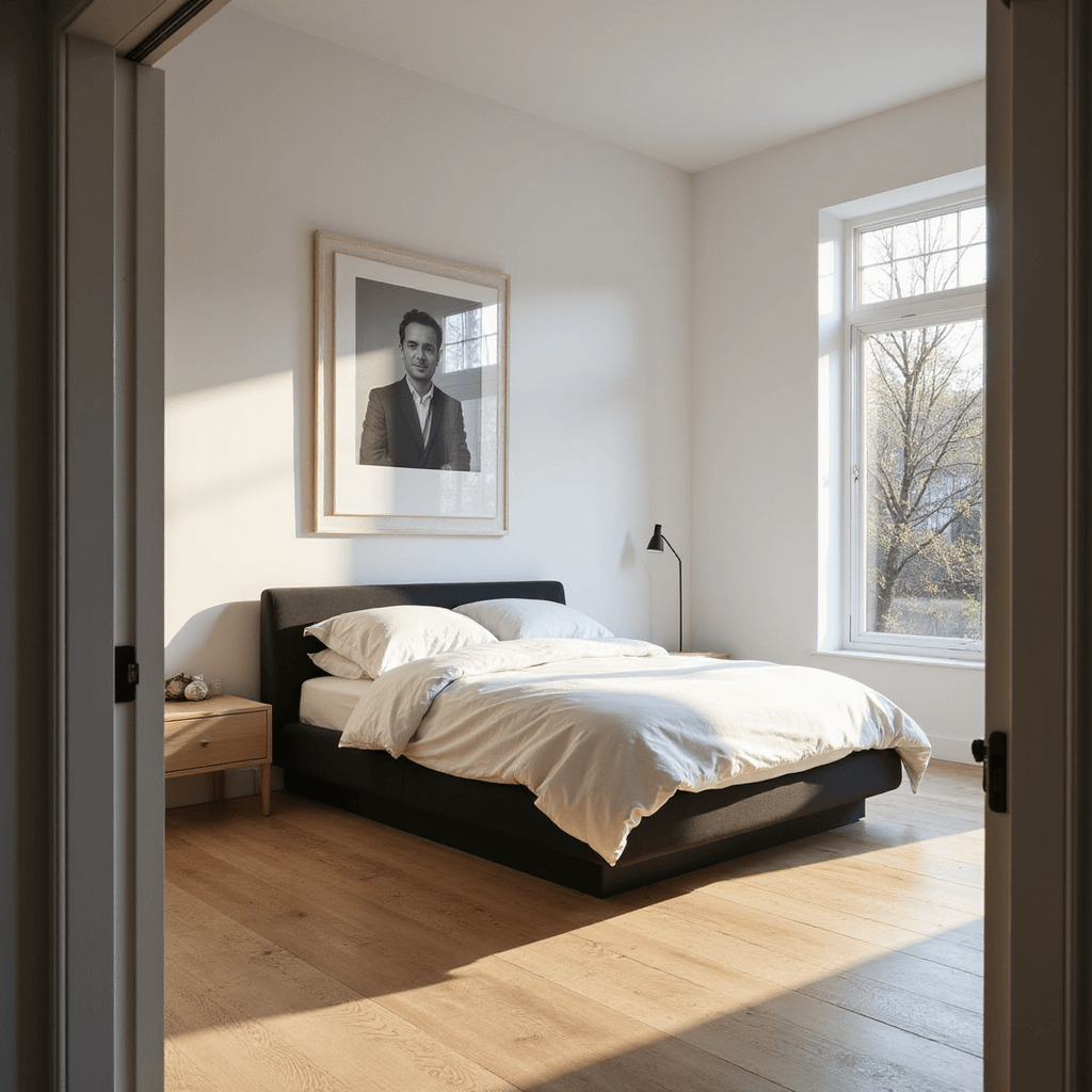 Bedroom Decor Magic: Your Ultimate Guide to Transforming Spaces A modern minimalist bedroom with a low-profile black platform bed, white linen bedding, and light wood floating nightstands, illuminated by golden hour sunlight through a large picture window, featuring white oak flooring and a black and white photograph above the bed, captured from the doorway at eye level.