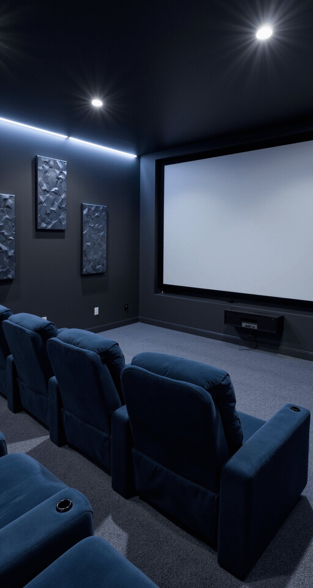 Transform Your Basement into a Cozy Family Sanctuary: Design Secrets Revealed Corner view of a basement home theater with dark charcoal walls, oversized movie screen, and tiered seating of four midnight blue velvet power-reclining chairs, illuminated by soft LED strip lighting and accented with geometric acoustic panels, creating a cinematic, twilight ambiance.
