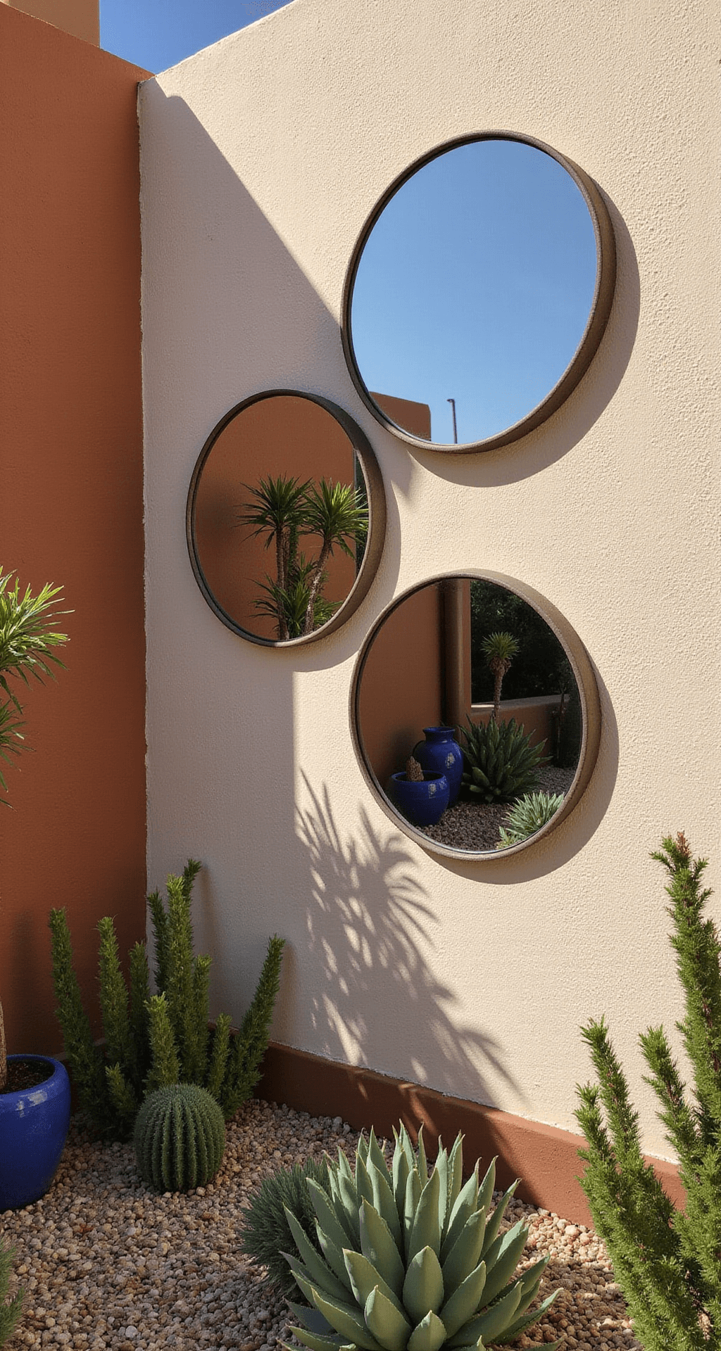 Garden Mirror Magic: Transform Your Outdoor Space with Reflective Elegance A low-angle view of a Mediterranean courtyard featuring three convex mirrors mounted on a terracotta wall, reflecting a vibrant succulent garden and cobalt blue pottery. The whitewashed walls contrast with earthy tones, while strong lighting highlights the curves of the mirrors and captures the blue sky in the top mirror.