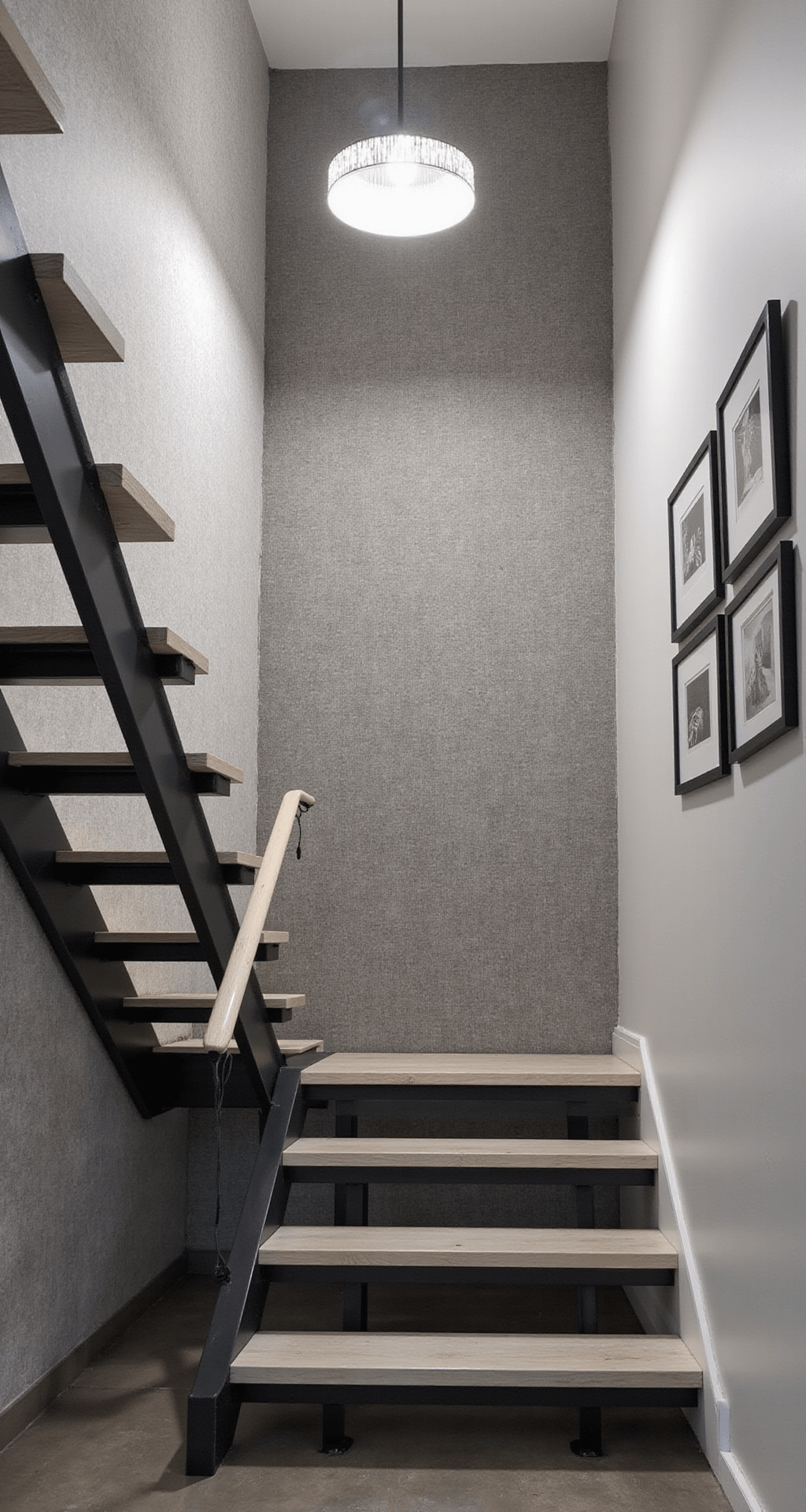 Transform Your Basement into a Cozy Family Sanctuary: Design Secrets Revealed Contemporary basement stairwell with floating black metal and white oak stairs, textured silver grey grasscloth wallpaper, modern chandelier casting shadows, and a gallery wall of black and white photographs. Shot from below with dramatic uplighting.