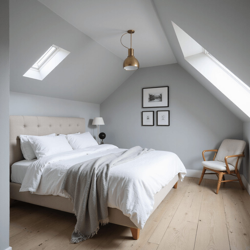 Bedroom Decor Magic: Your Ultimate Guide to Transforming Spaces A serene Scandinavian bedroom featuring pitched ceilings and skylights, with pale gray walls, bleached pine flooring, a linen upholstered bed, and a black and white gallery wall, illuminated by soft morning light.