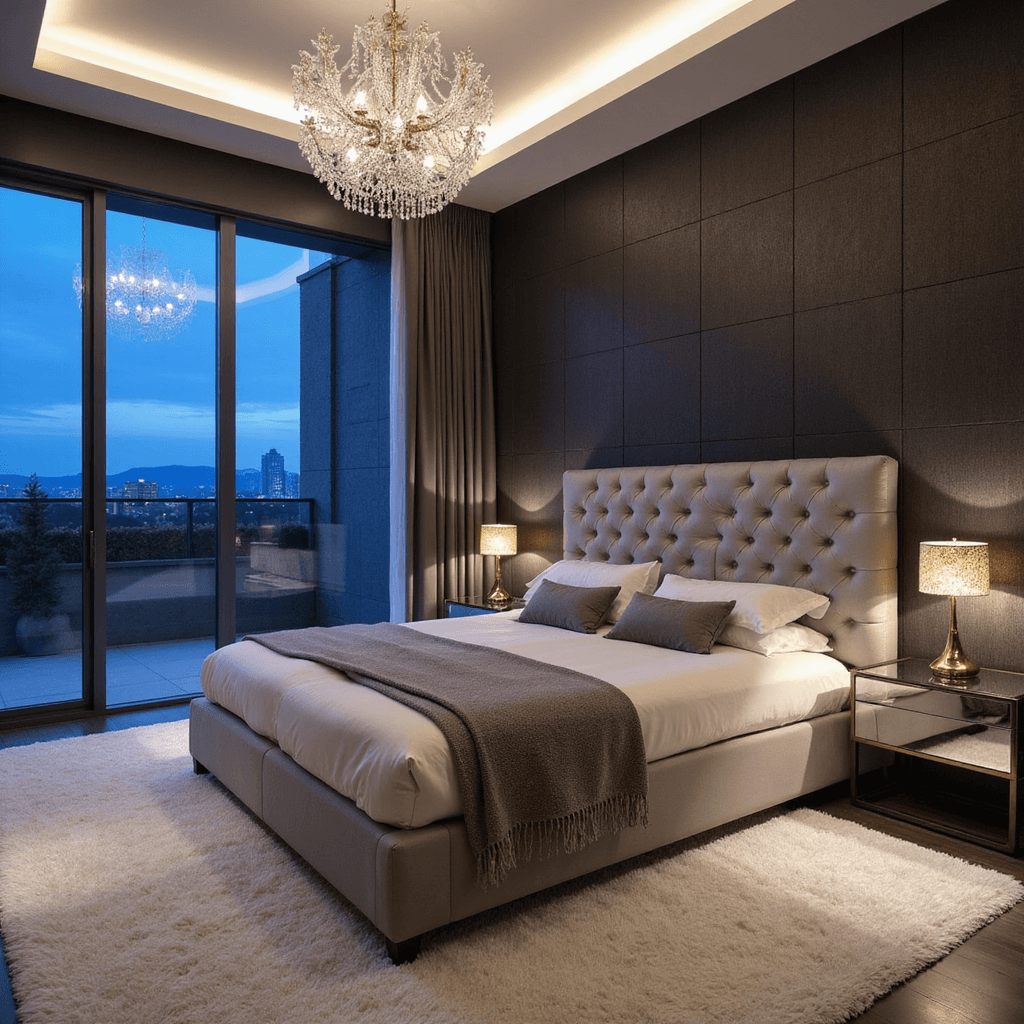 Bedroom Decor Magic: Your Ultimate Guide to Transforming Spaces Luxe contemporary bedroom featuring floor-to-ceiling windows at twilight, with dark charcoal wallpaper, plush carpet, king-sized pearl gray velvet bed, crystal chandelier, and mirrored nightstands, captured from the doorway with soft lighting to emphasize textures.