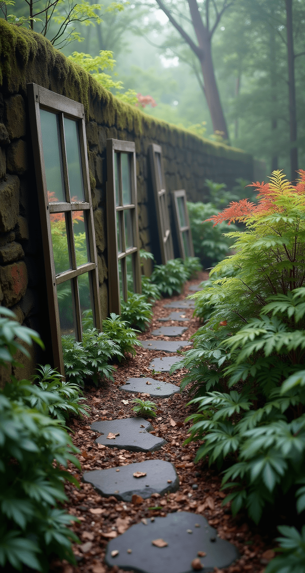 Garden Mirror Magic: Transform Your Outdoor Space with Reflective Elegance A serene woodland garden path at 7am, shrouded in morning mist. Reclaimed window mirrors of various sizes line a moss-covered stone wall, reflecting lush native ferns and delicate Japanese maples. The scene is bathed in cool, diffused light filtering through the tree canopy, viewed from the path perspective with a medium telephoto lens for depth compression.