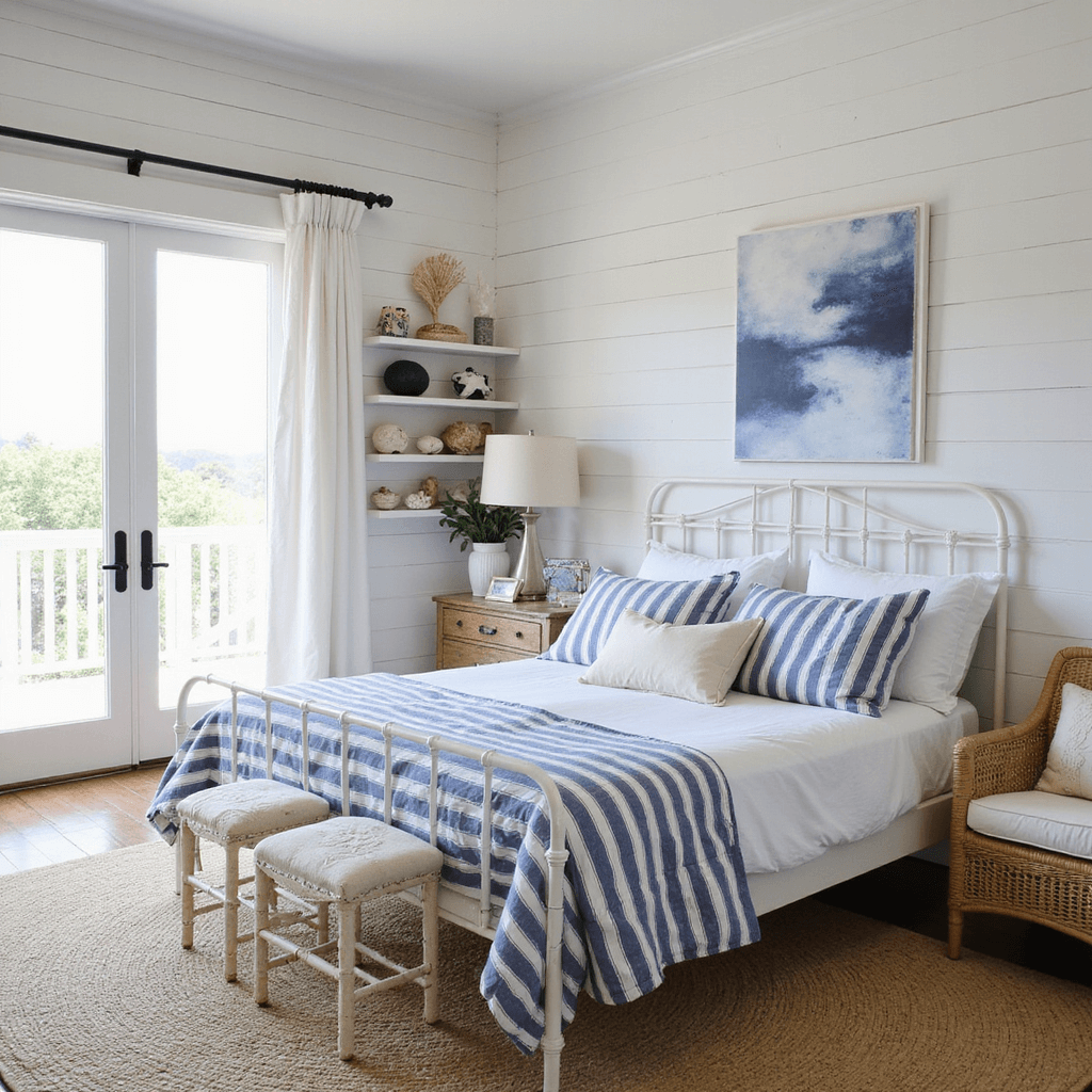 Bedroom Decor Magic: Your Ultimate Guide to Transforming Spaces Coastal casual bedroom featuring white shiplap walls, a white iron bed dressed in blue and white striped bedding, and French doors opening to a balcony, illuminated by soft mid-morning light; includes a natural jute rug, a woven rattan chair, collected shells on floating shelves, and a navy and white coastal artwork gallery wall.
