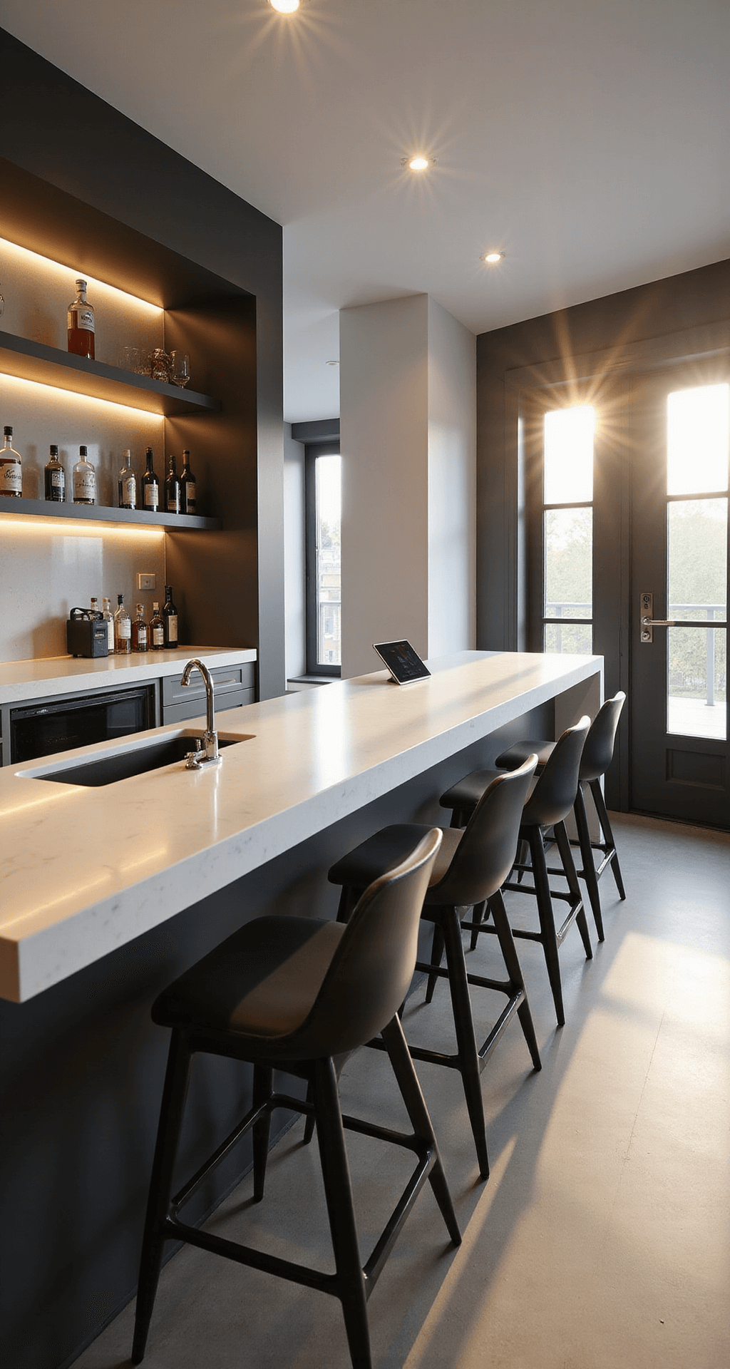 Basement Bar Ideas: Your Ultimate Guide to Creating a Showstopping Home Entertainer's Paradise Modern minimalist basement bar featuring a white quartz waterfall countertop, gray accent wall, and matte black bar stools. Enhanced by golden hour light and smart LED strips, the space showcases sleek lines and integrated technology.