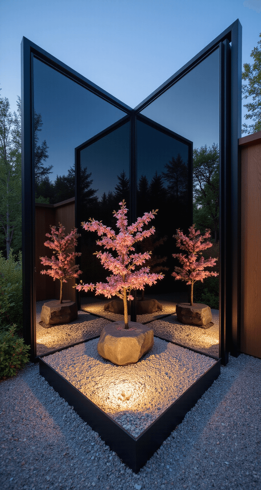 Garden Mirror Magic: Transform Your Outdoor Space with Reflective Elegance A tranquil modern Zen garden corner at twilight featuring a floor-to-ceiling mirror panel reflecting a minimalist rock garden and a cherry blossom tree, with meticulously raked gravel patterns leading the eye and subtle LED lighting illuminating the scene from below.
