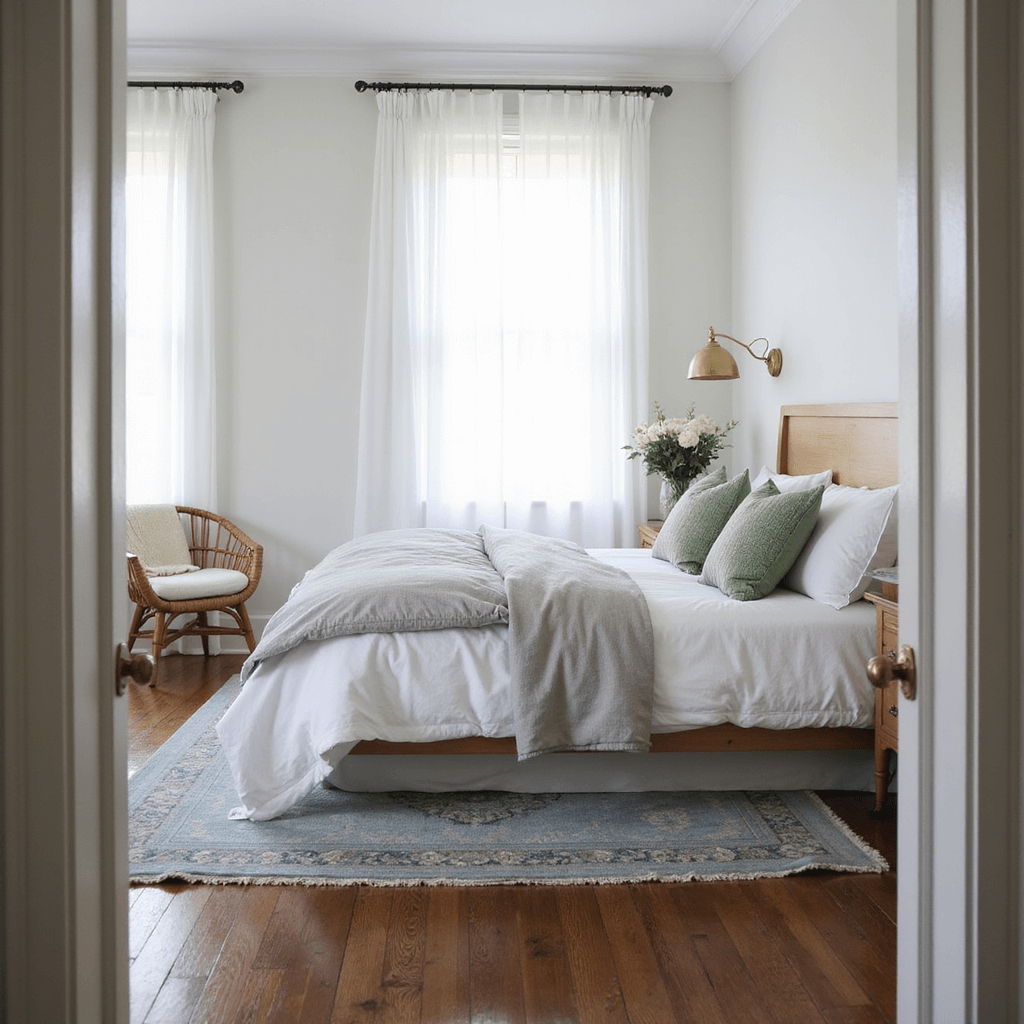 Guest Bedroom Ideas: Crafting the Ultimate Cozy Retreat A bright guest bedroom featuring a queen-size bed with white linens and grey duvet, styled with sage green accent pillows. Natural light streams through sheer curtains, illuminating a vintage Persian rug and a rattan chair. The room is warmly inviting, with brass sconces and a natural wood headboard, viewed from the doorway.