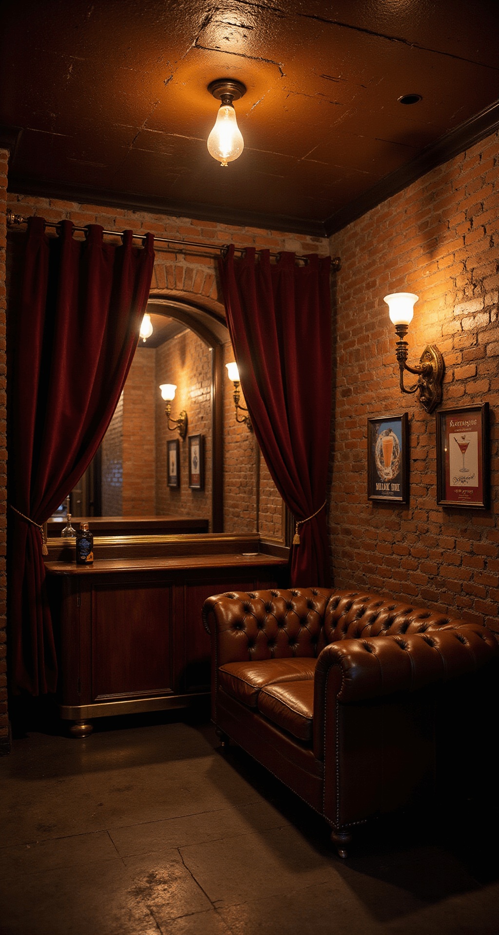 Basement Bar Ideas: Your Ultimate Guide to Creating a Showstopping Home Entertainer's Paradise A dimly lit speakeasy with exposed brick walls, vintage Edison bulbs illuminating a mahogany bar, and a leather Chesterfield sofa under an antiqued mirror, all framed by heavy velvet curtains.