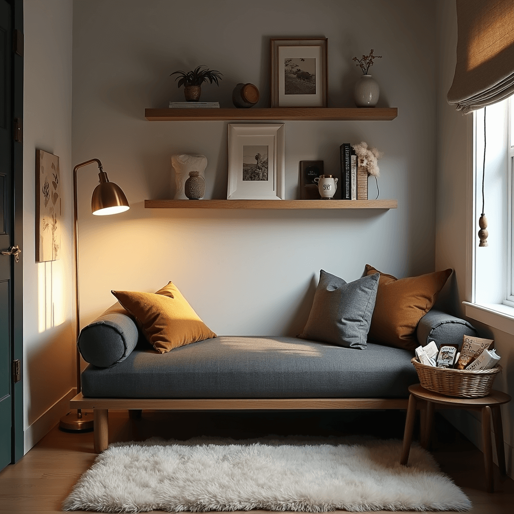 Guest Bedroom Ideas: Crafting the Ultimate Cozy Retreat Intimate guest room featuring a charcoal linen daybed, light grey walls, warm lighting from a brass floor lamp, floating shelves with local artwork, an ivory area rug, and a walnut side table with a welcome basket. Shot from a low angle near a window with golden hour light filtering through roman shades, highlighting a cozy reading nook.