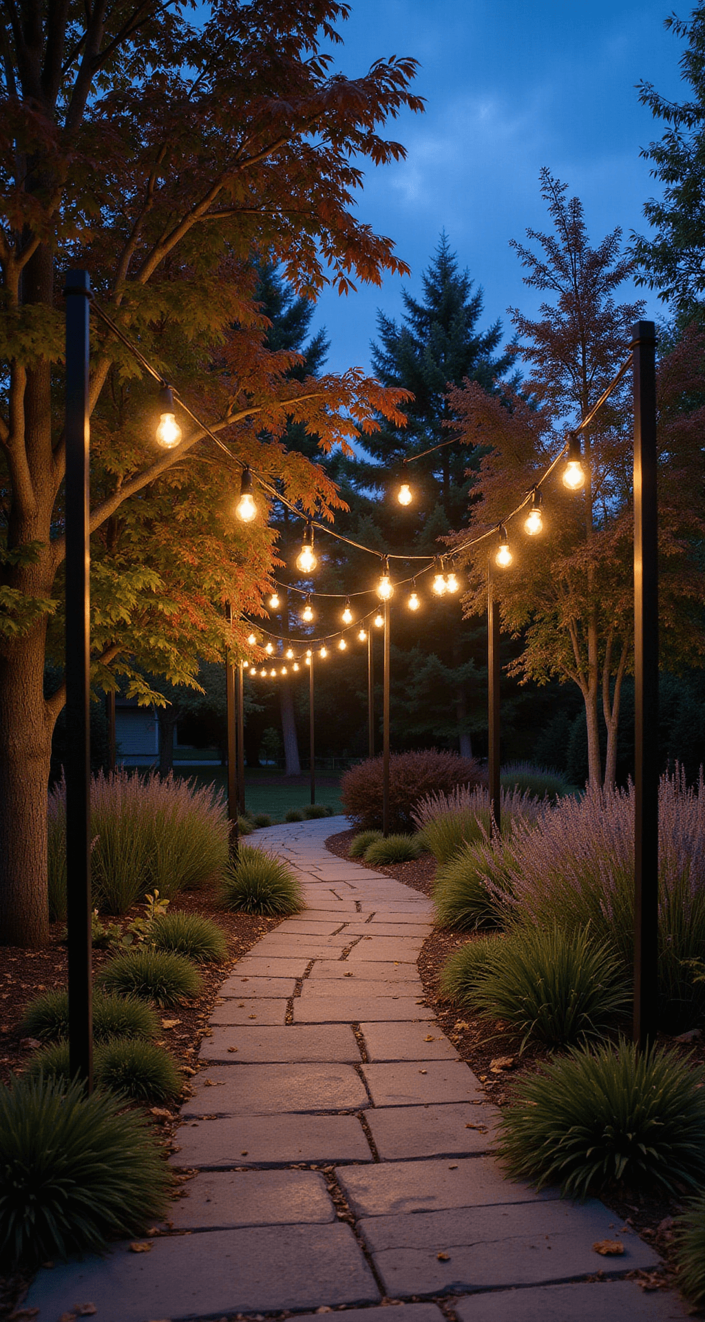 Magical Garden Lighting: Transform Your Outdoor Space After Dark A meandering garden path at dusk, illuminated by vintage-style copper Edison string lights, with warm honeycomb shadows on slate pavers, framed by dramatic silhouettes of Japanese maples against a deep blue sky, and natural placements of lavender and ornamental grasses nearby.
