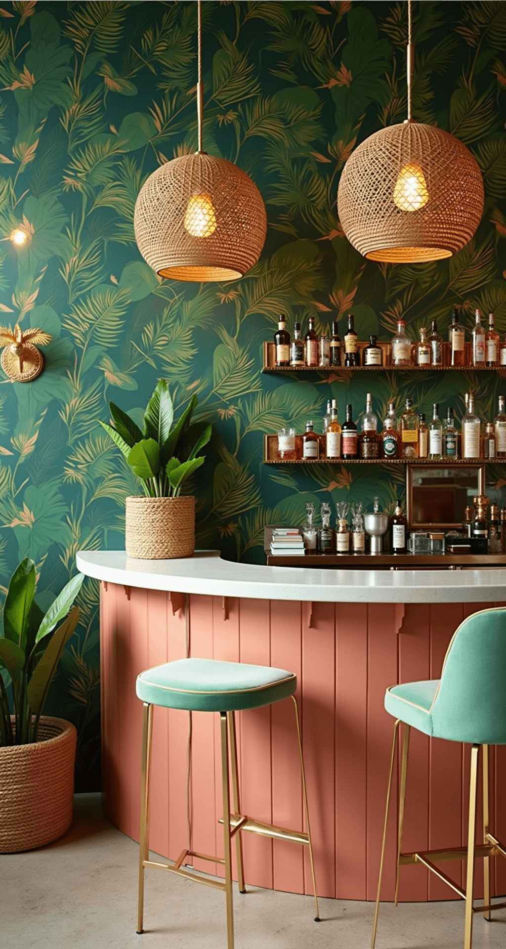 Basement Bar Ideas: Your Ultimate Guide to Creating a Showstopping Home Entertainer's Paradise A tropical paradise bar featuring oversized emerald and gold leaf wallpaper, a coral-pink curved bar with rattan pendant lights, mint green velvet barstools, brass palm tree sconces, and potted monstera plants, captured at eye level for detailed patterns and textures.